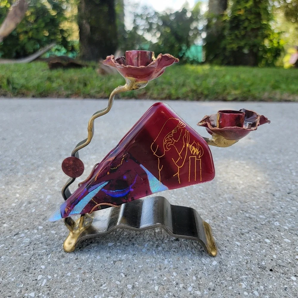Gary Rosenthal‎ Judaica GLASS MIXED METALS Sabbath candle holder Jewish Abstract